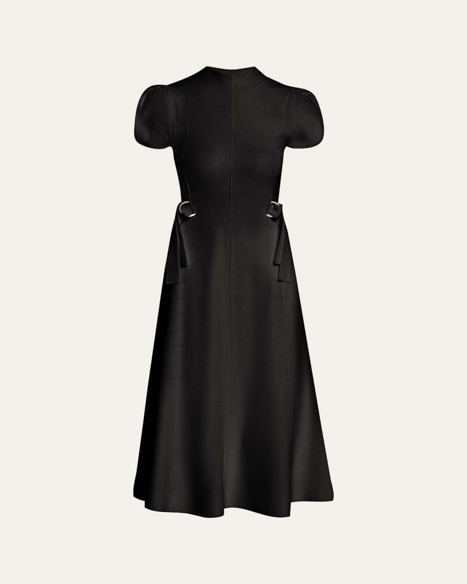 Compact Ribbed Tulip-Sleeve Midi Dress